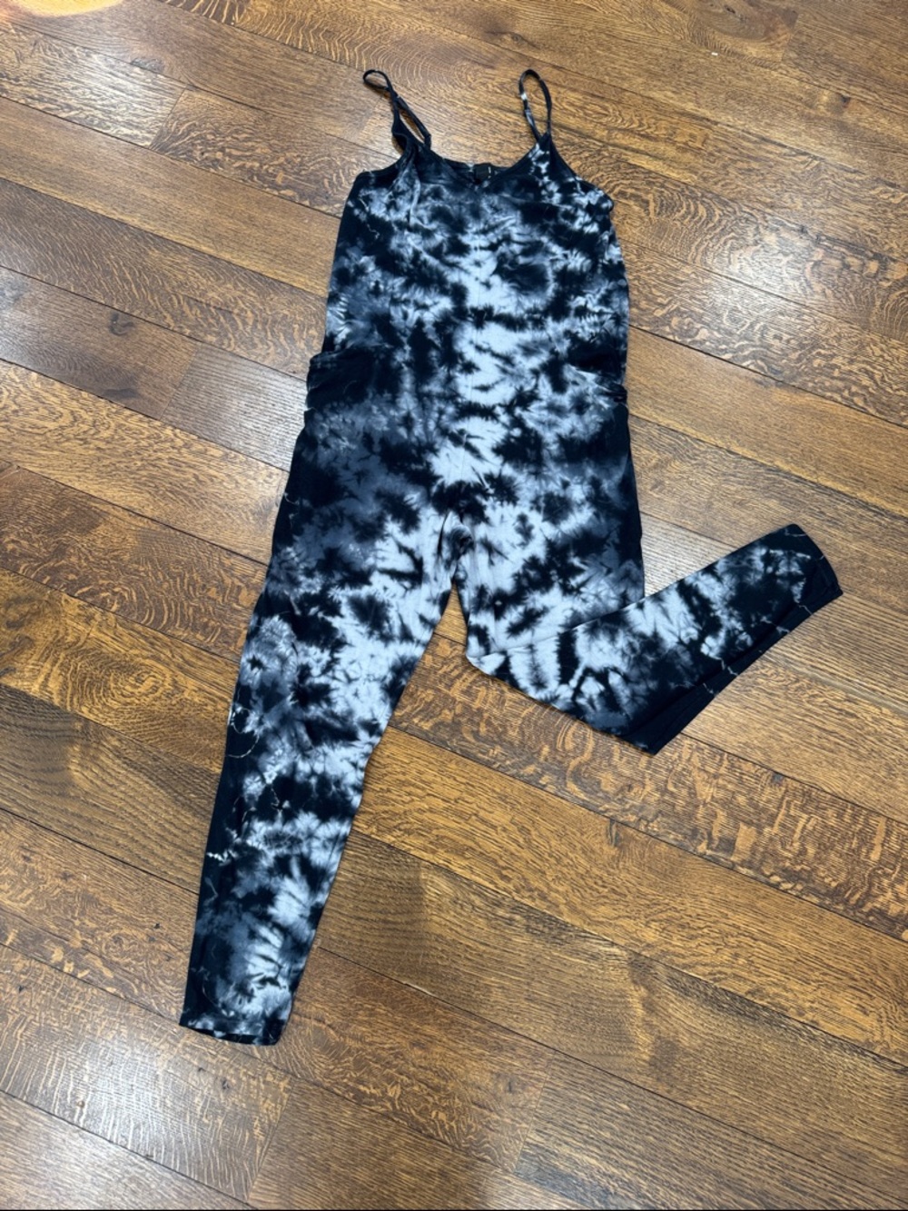 bobi Black and White Tie-Dye Spaghetti Strap Jumpsuit